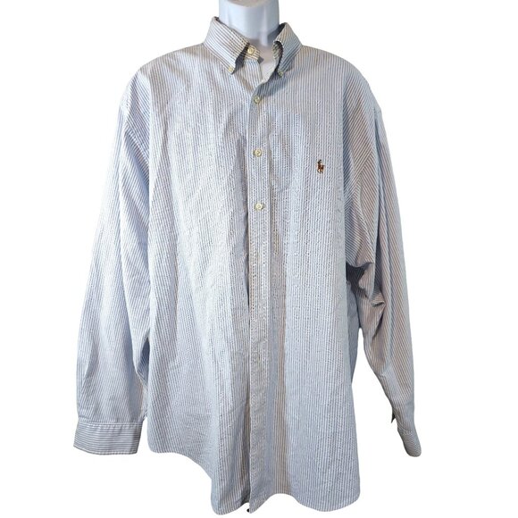 Ralph Lauren Classic Fit Big Tall Size 18 - 36/37 Sleeve Blue White Striped Care - Picture 1 of 5